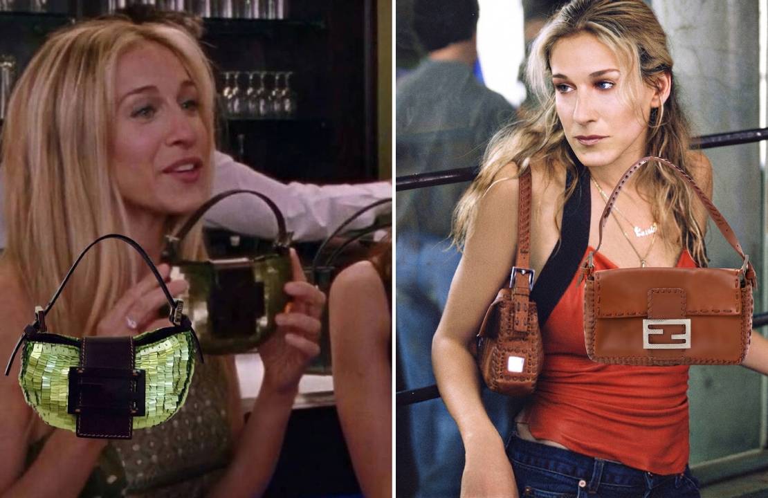 Montagem de fotos de cenas de Sex and The City com Carrie Bradshaw carregando bolsas Fendi Baguette 2003 consideradas archive fashion.
