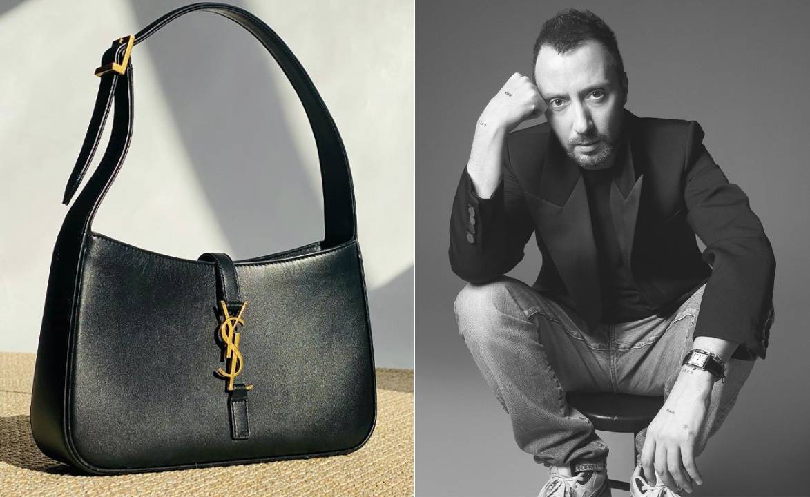 Fotos da bolsa Saint Laurent Le 5 à 7 original seminova ao lado do estilista Anthony Vaccarello.