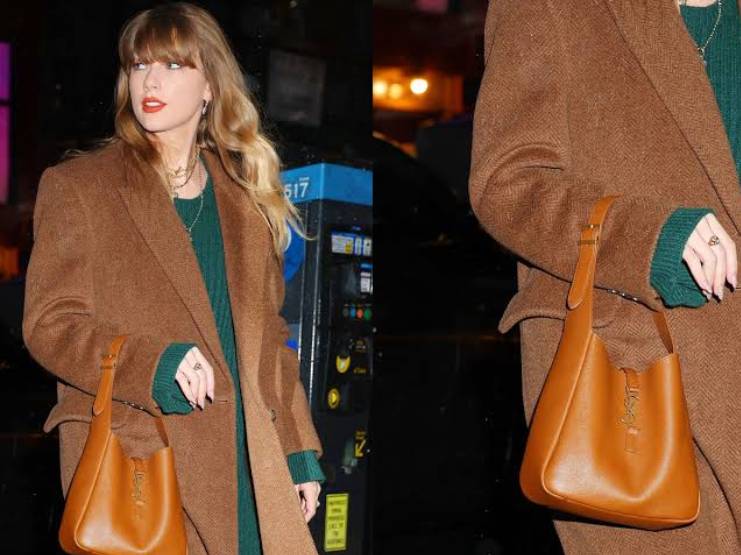 Fotos da cantora Taylor Swift usando a bolsa Yves Saint Laurent Le 5 à 7.