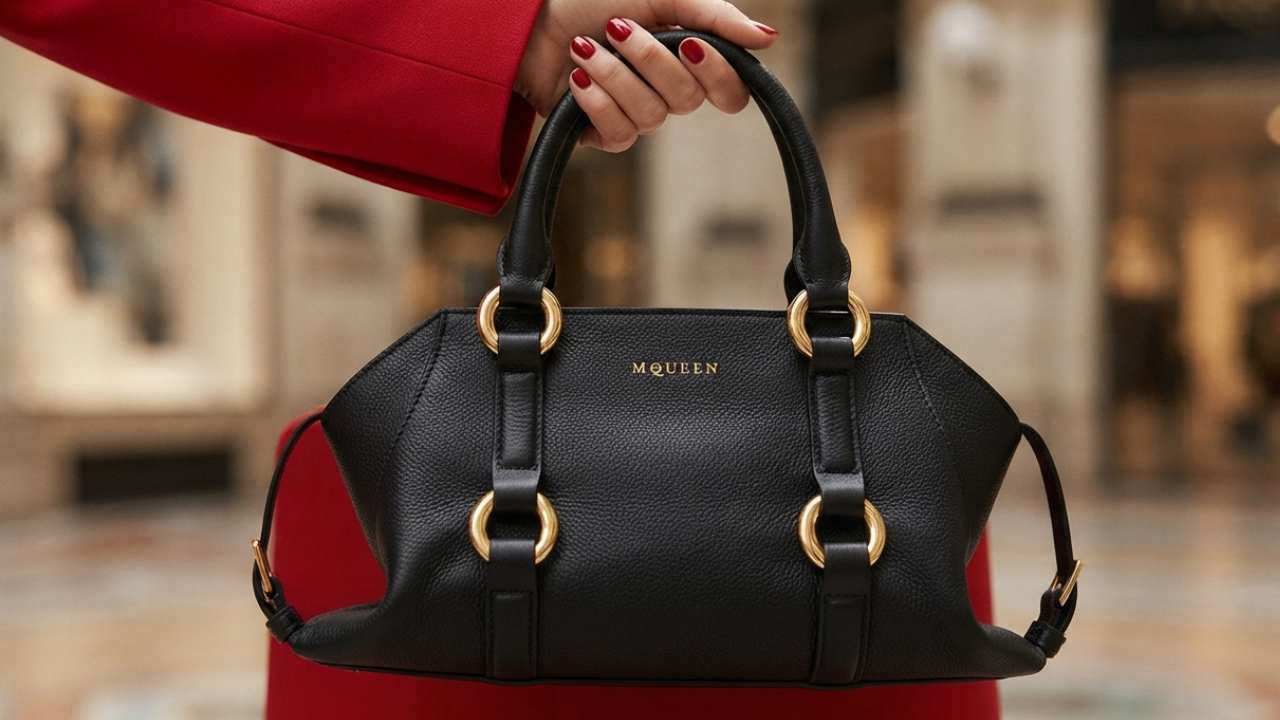 Foto de Bolsa da marca de luxo McQueen com logo.