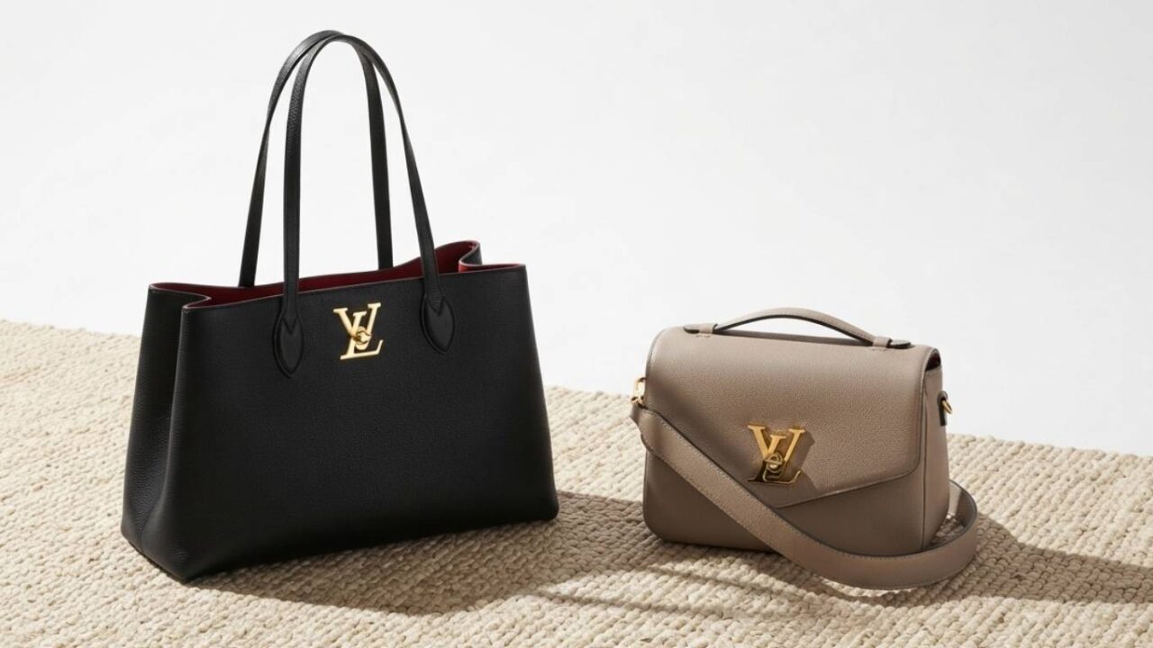 Foto de duas versões da bolsa Louis Vuitton Lockme sem monograma.
