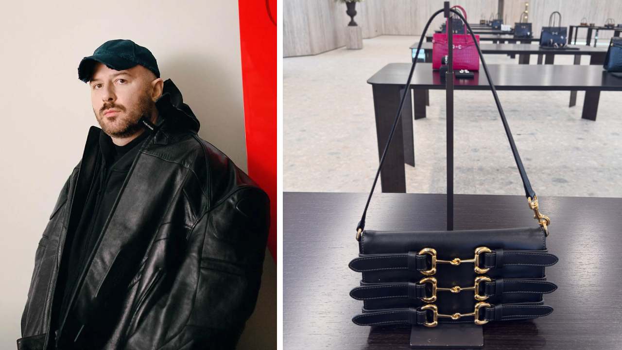 Foto de um dos principais estilistas de 2026 no luxo: Demna, atual diretor criativo da Gucci e foto de uma das novas bolsas Gucci criada por ele onde o Horsebit é destaque.