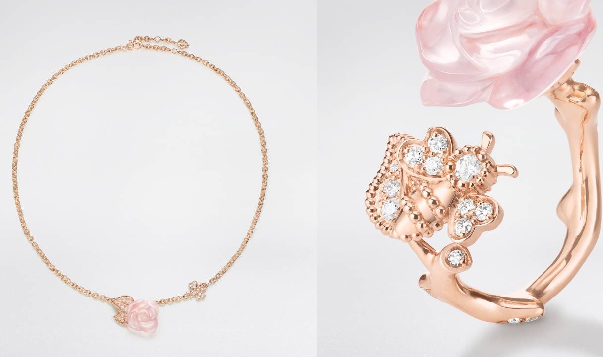 Joias da grife de moda de luxo Christian Dior: anel e colar de ouro e diamantes.