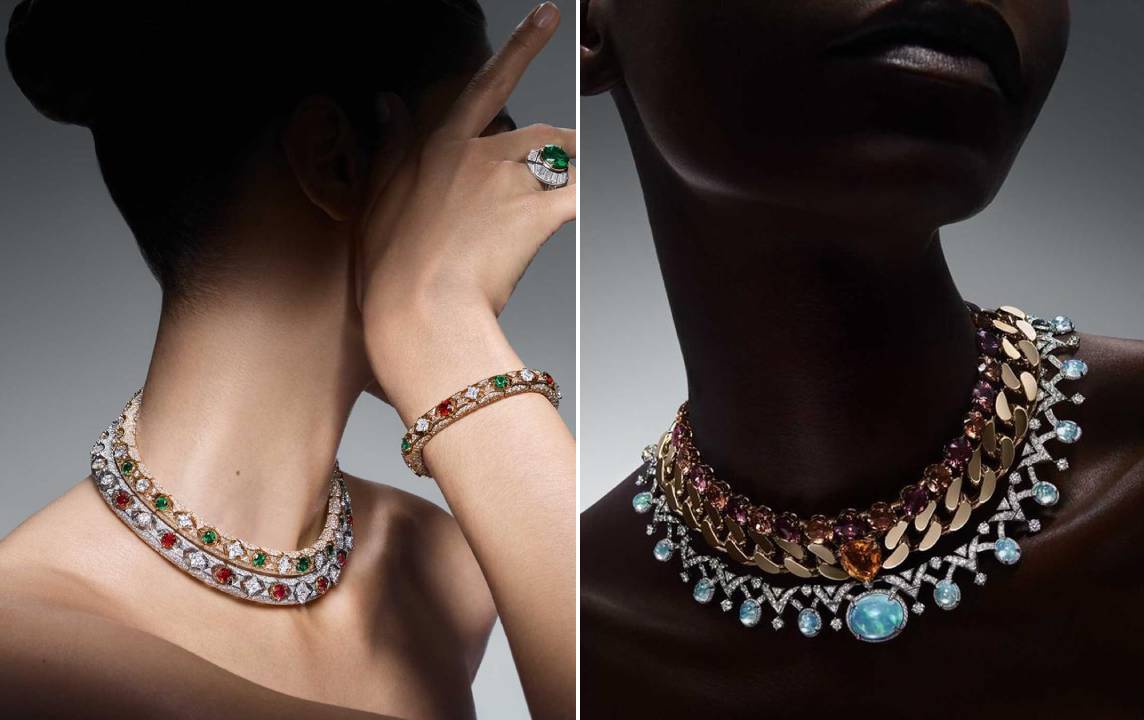 Colares de diamantes e outras pedras preciosas da grife de moda de luxo Louis Vuitton.
