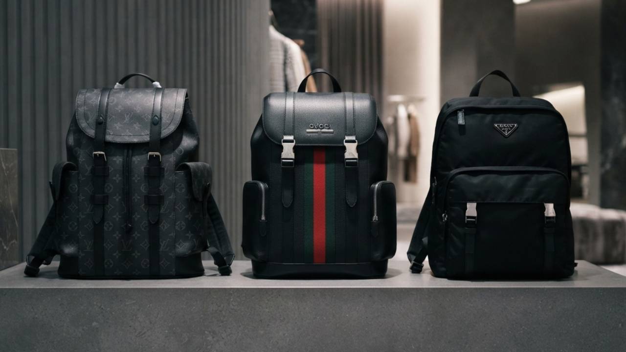 Mochilas de luxo masculinas da Prada, Gucci e Louis Vuitton nas lojas e no mercado second hand.