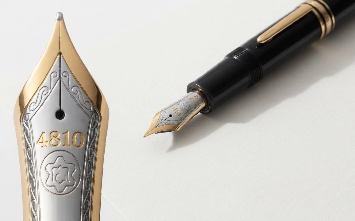 Fotos dos detalhes da caneta montblanc com a gravação 4810 a altutude da montanha Mont Blanc, a mais alta da Europa.