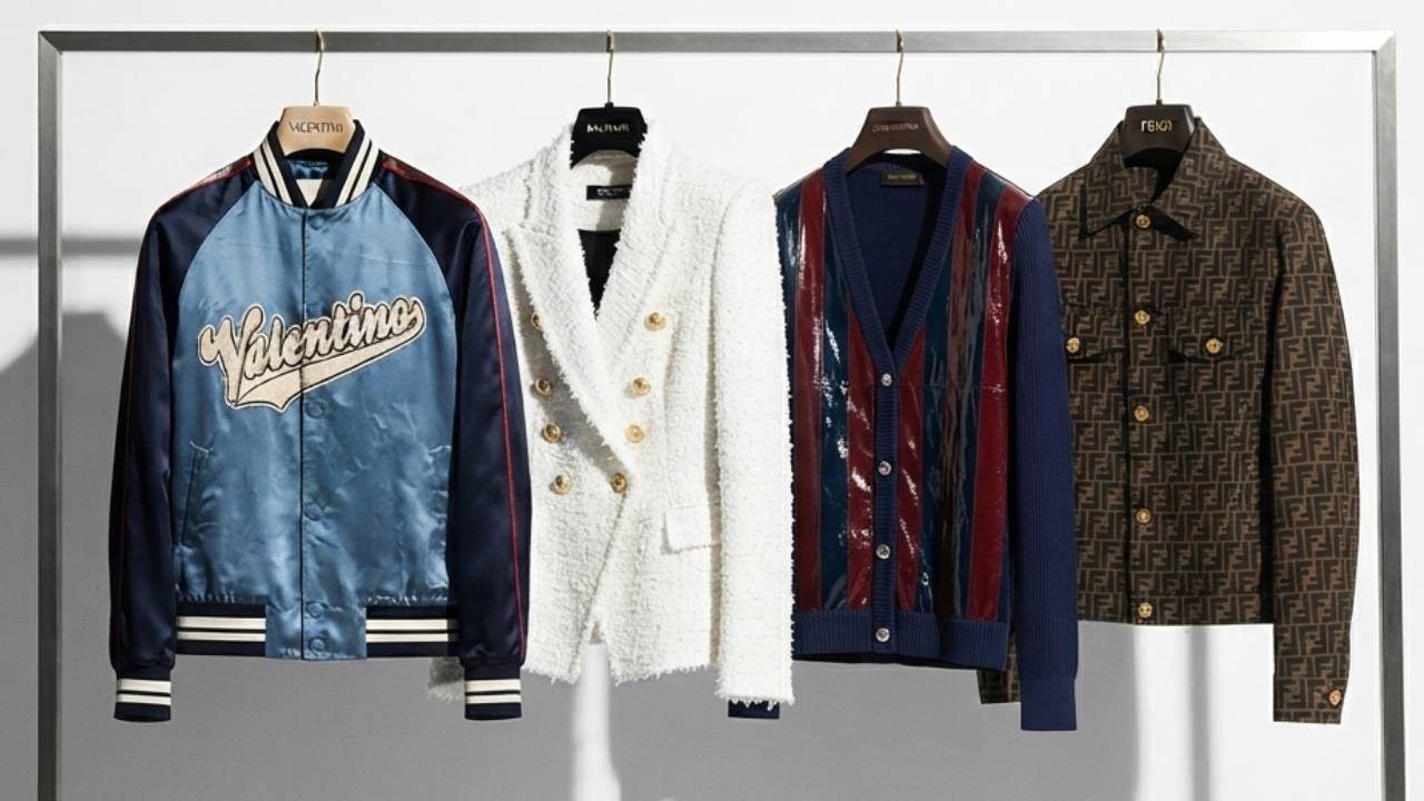 Foto de arara de roupas de luxo seminovas no etiqueta única: jaqueta valentino, blazer balmain, jaqueta louis vuitton e fendi originais.