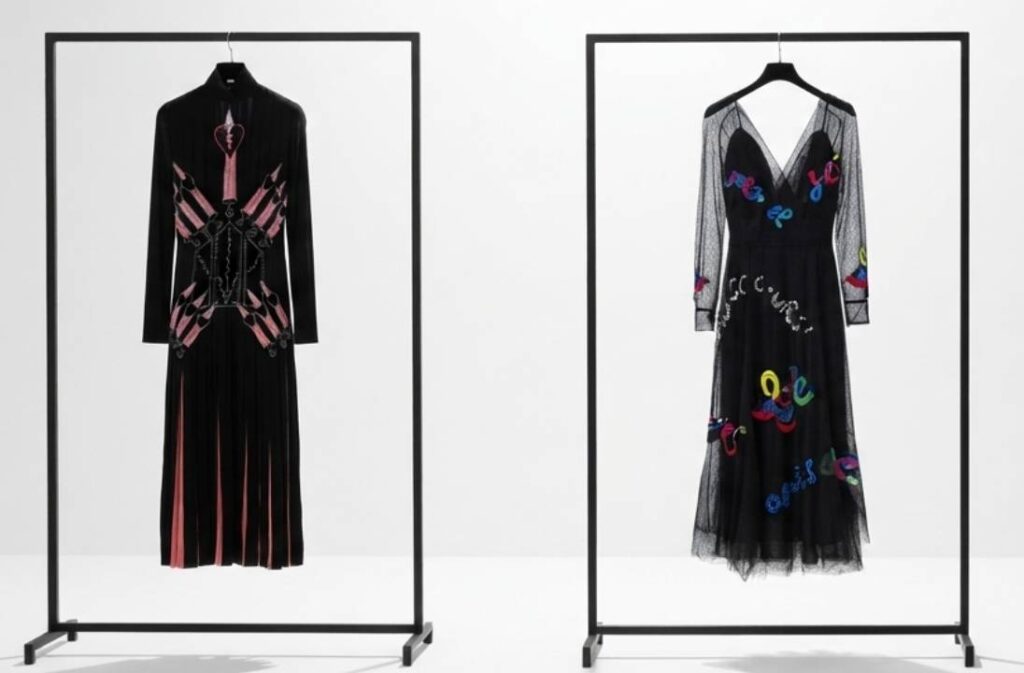 Foto de arara com roupas de marca de luxo seminovas; Vestido Valentino e Vestido Dior.