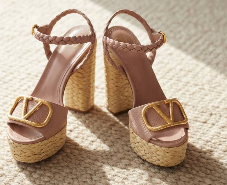 Sandália Salto Alto Valentino para primavera com materiais naturais.