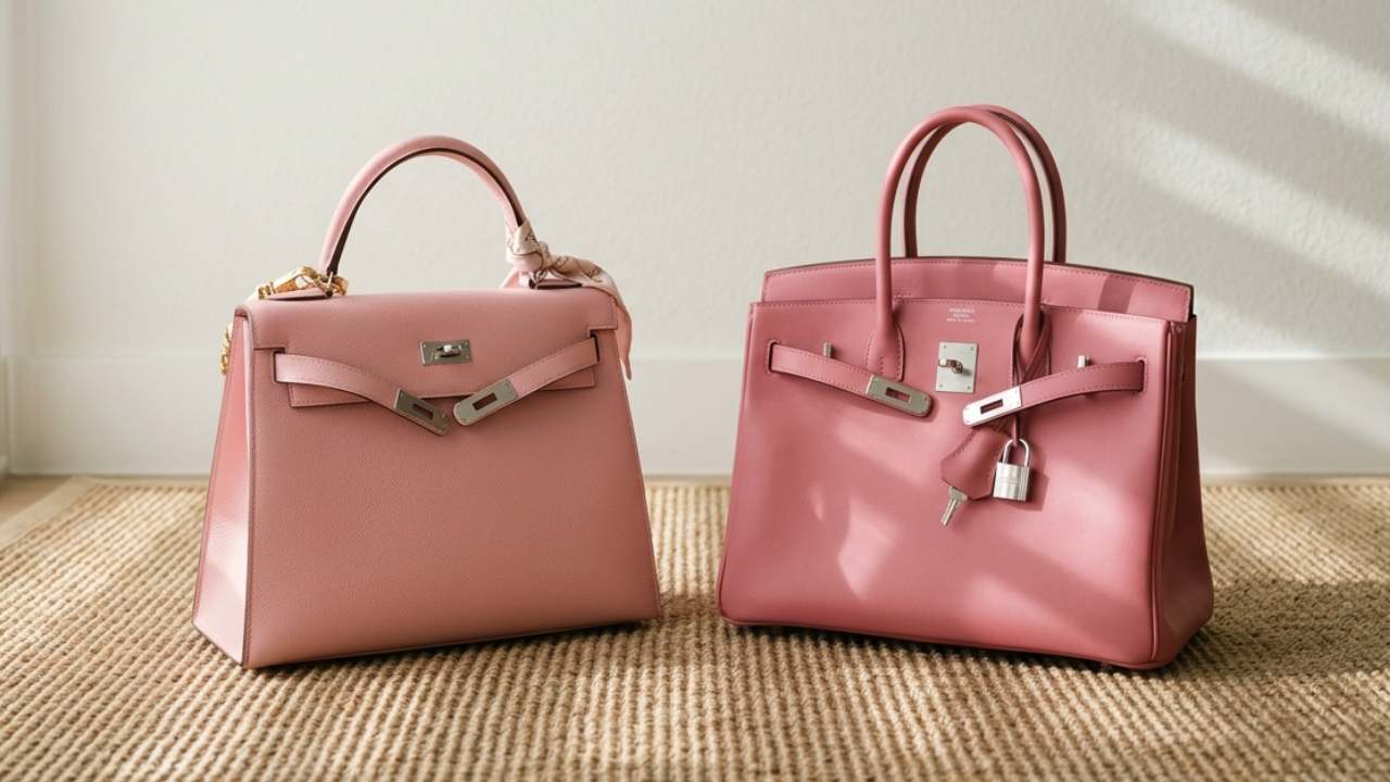 Foto de bolsa de luxo na cor rosa da Hermès, modelo Kelly e Birkin nas cores raras Rose Sakura e 5P Pink.